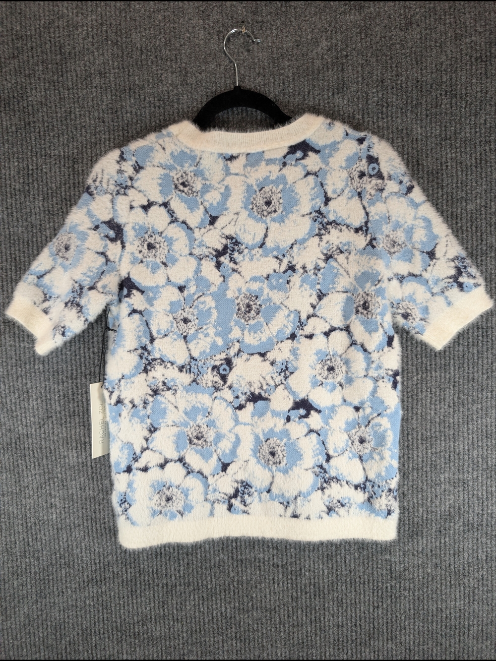 NWT Rachel Zoe Blue White Floral Eyelash Knit Short Sleeve Sweater Size M - Picture 7 of 7